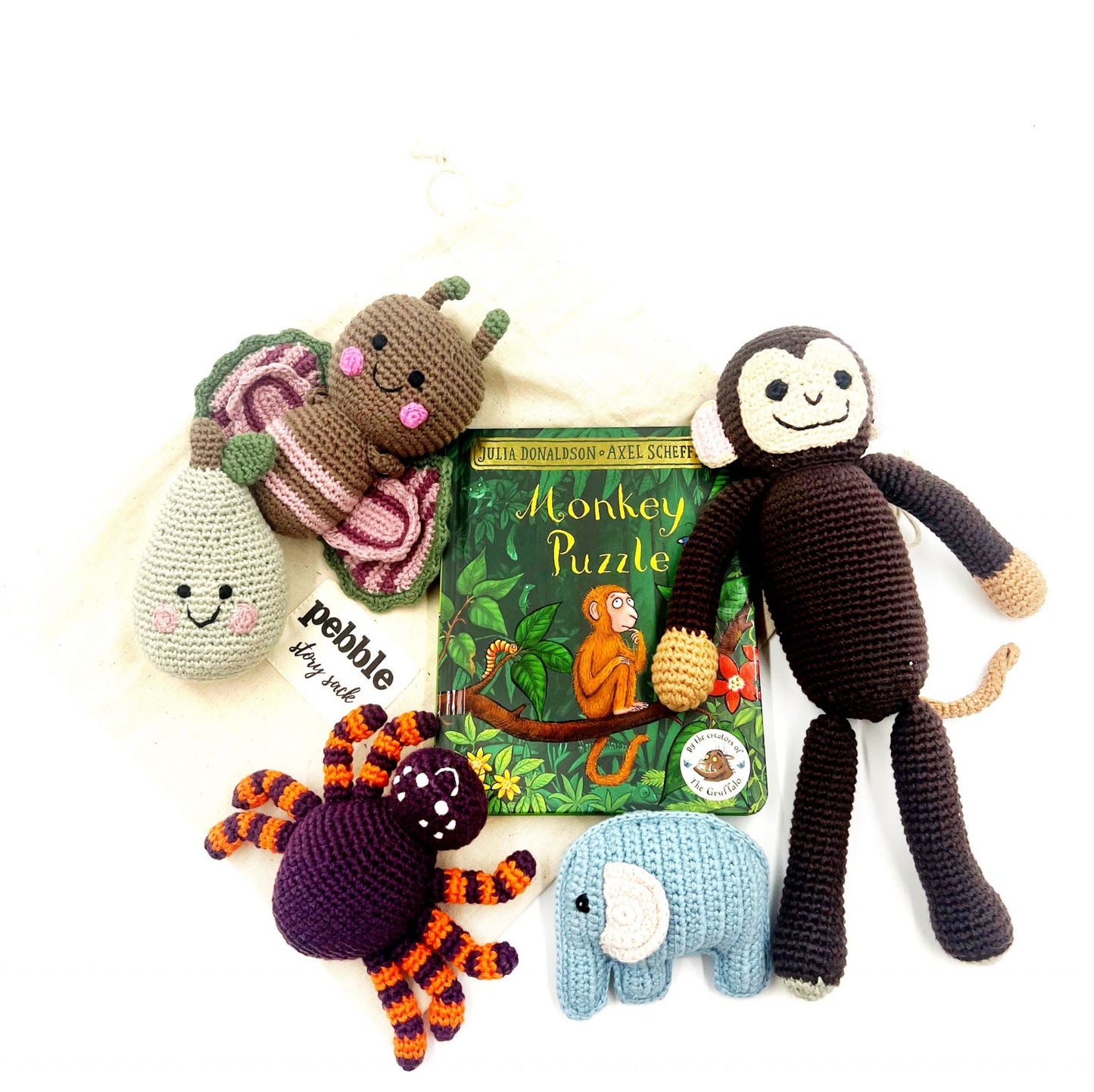 Monkey puzzle story sack by Pebblechild