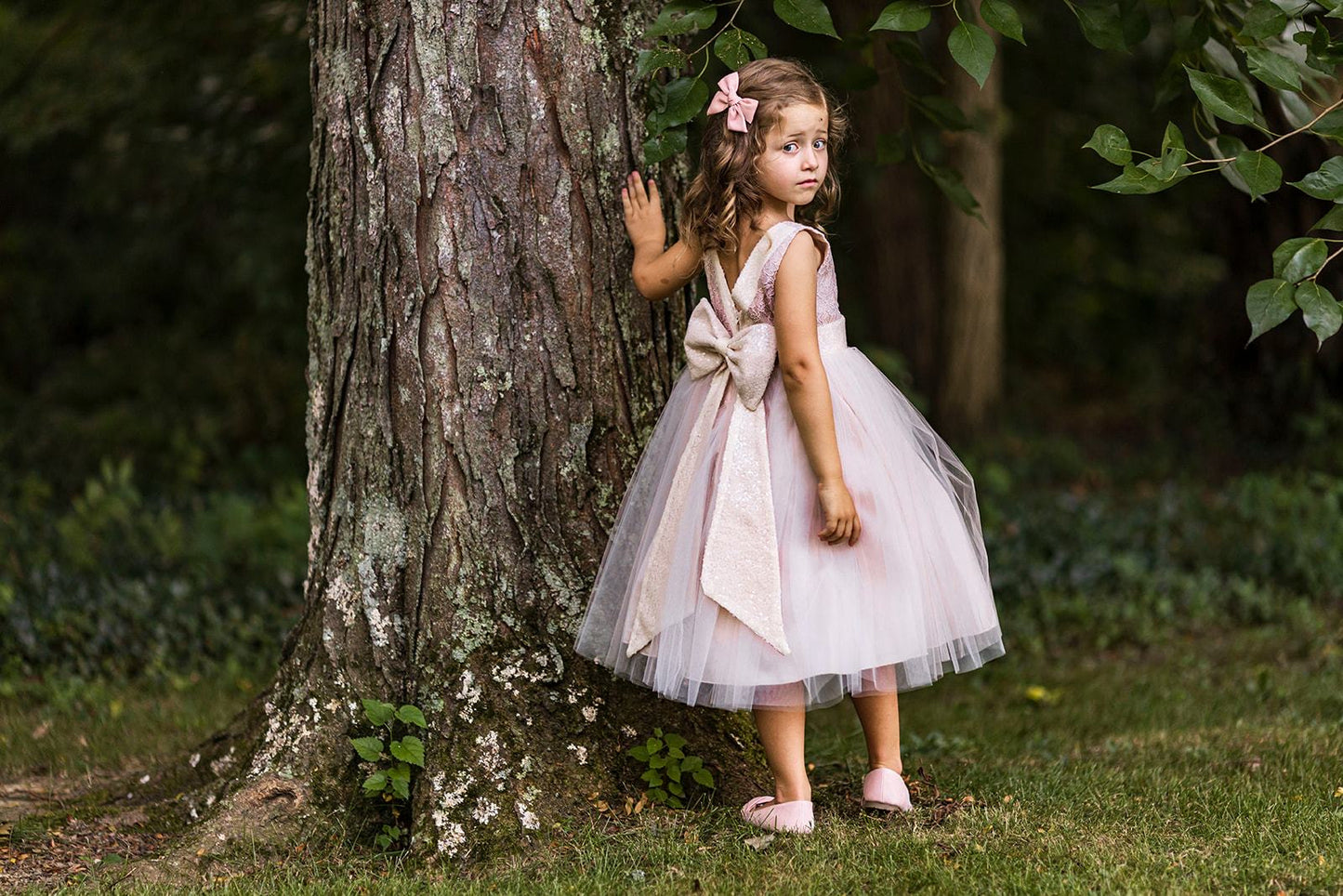 Lace Sequin Back V Dress Blush Pink by Kid's Dream