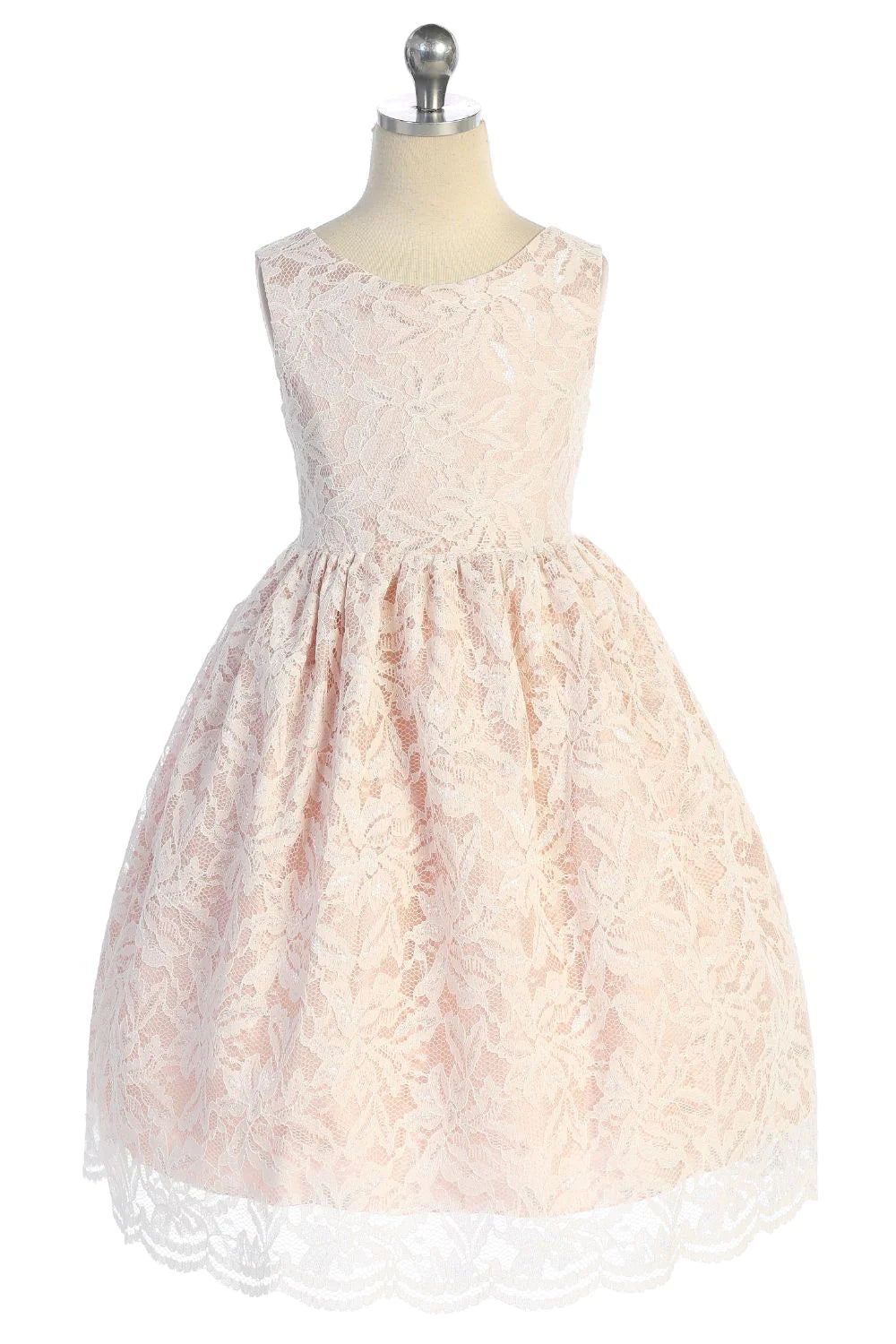 Lace V Back Bow Dress Off White/Blush by Kid's Dream