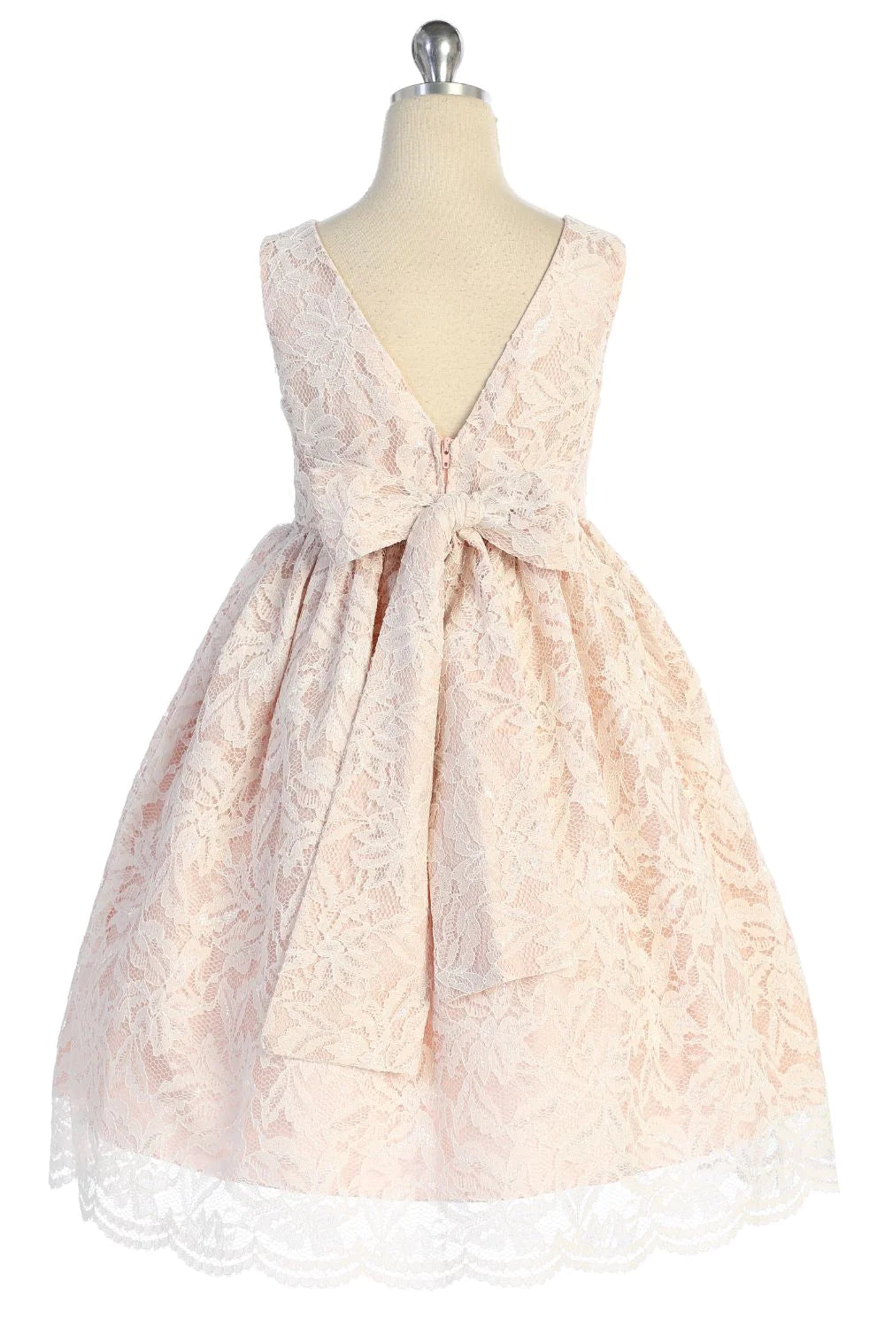 Lace V Back Bow Dress Off White/Blush by Kid's Dream
