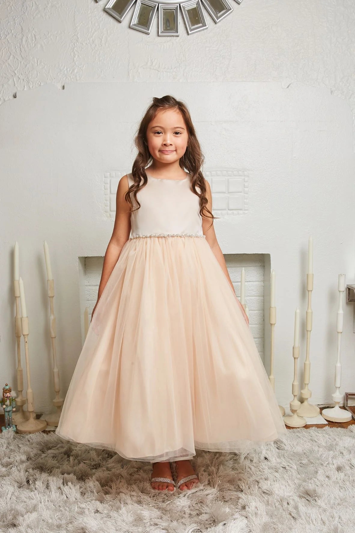 Satin Top Dress With Rhinestone & Pearl Trim Blush by Kid's Dream