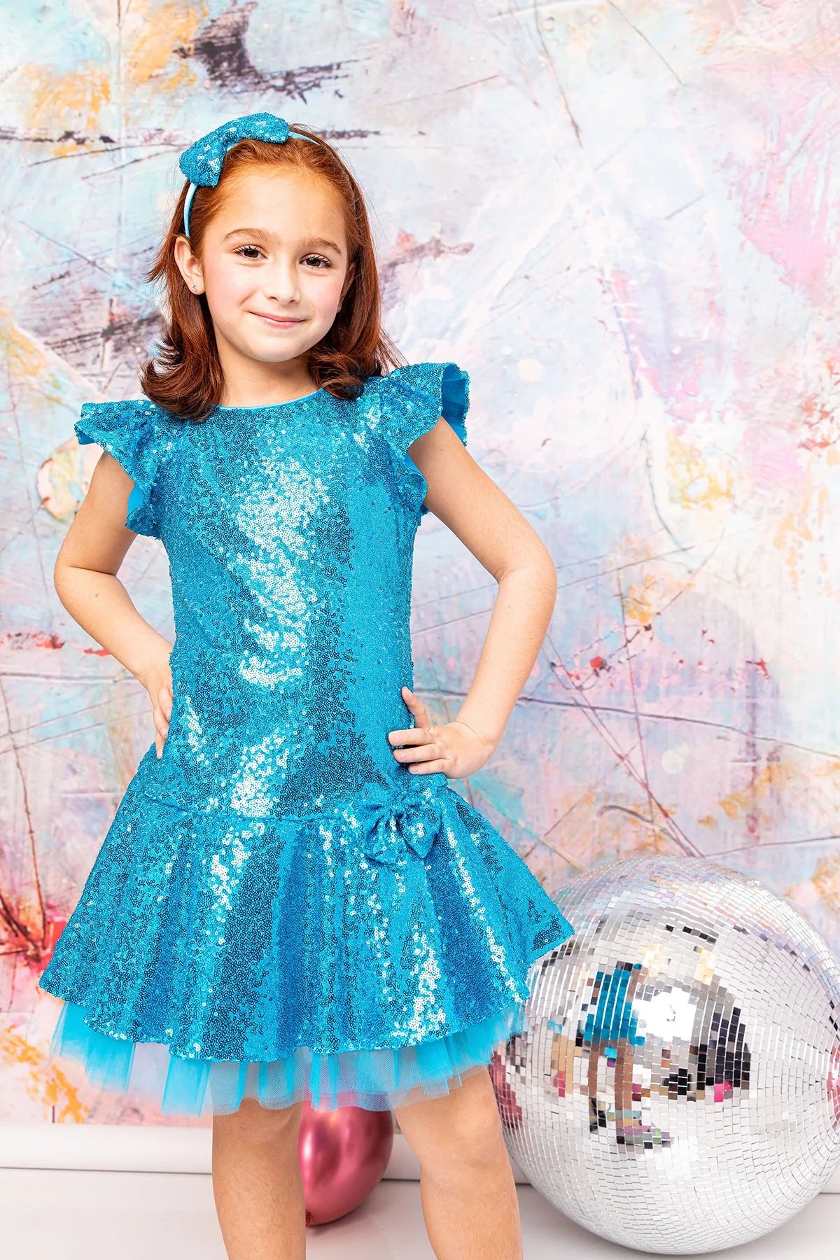 Sequin Ruffle Sleeve Tutu Dress & Sequin Bow Headband Aqua Blue Bundle - by Kid's Dream