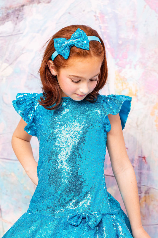 Sequin Ruffle Sleeve Tutu Dress & Sequin Bow Headband Aqua Blue Bundle - by Kid's Dream